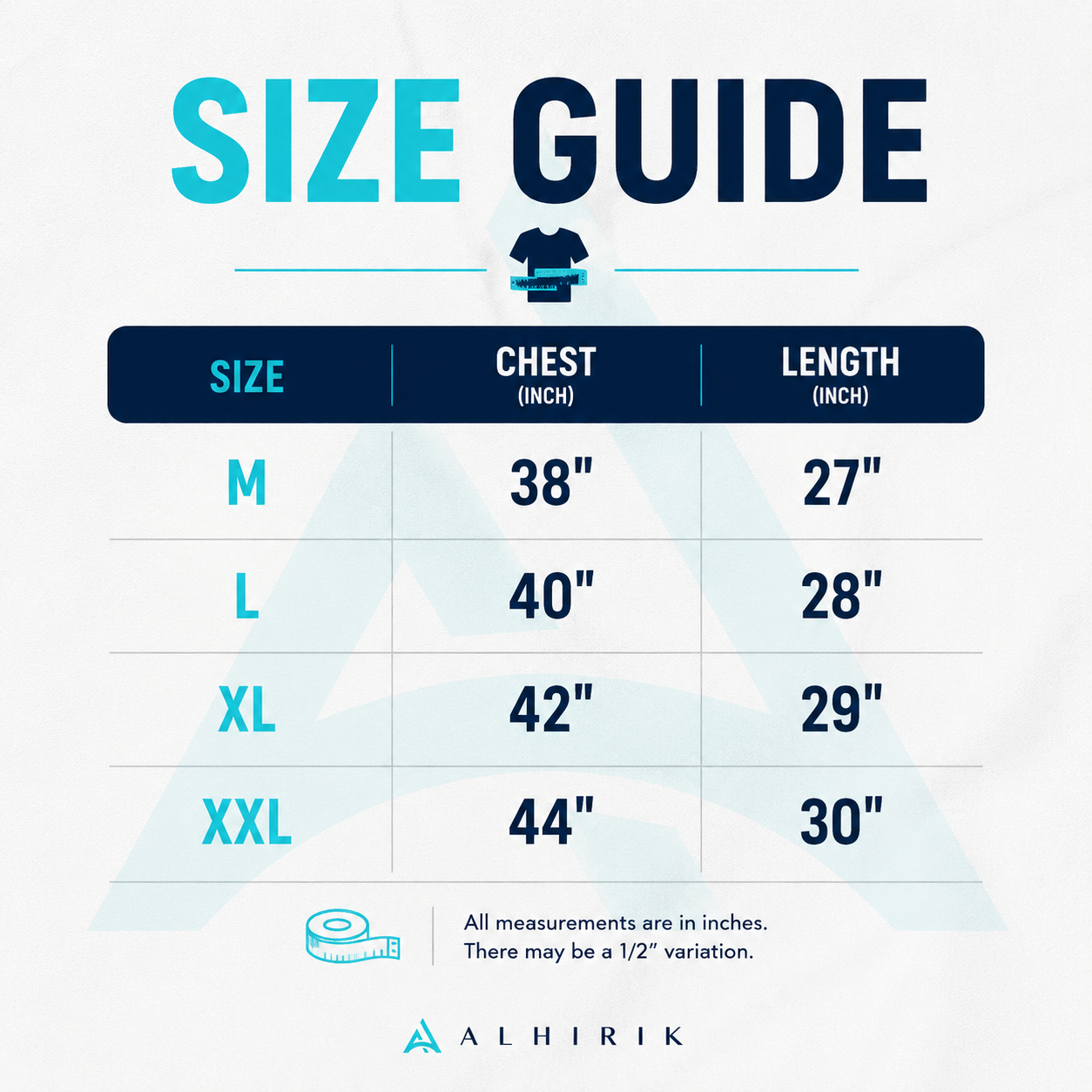 Size chart for Premium Full Sleeve T-Shirts – 4 Pieces at 850 Taka!